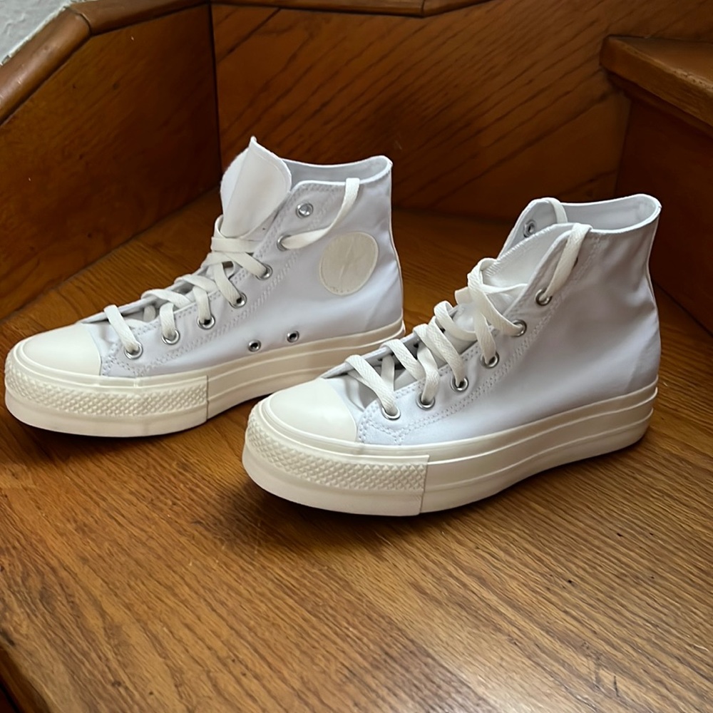 Barely worn all white platform custom Converse high tops